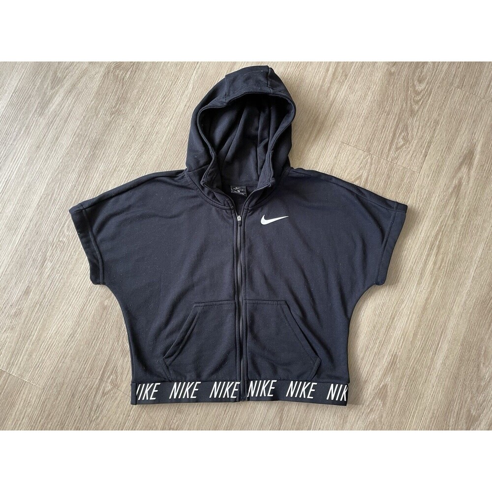 Nike Big Girl’s Y2k Short Sleeve Logo Hoodie Dri-fit Activewear size L Black